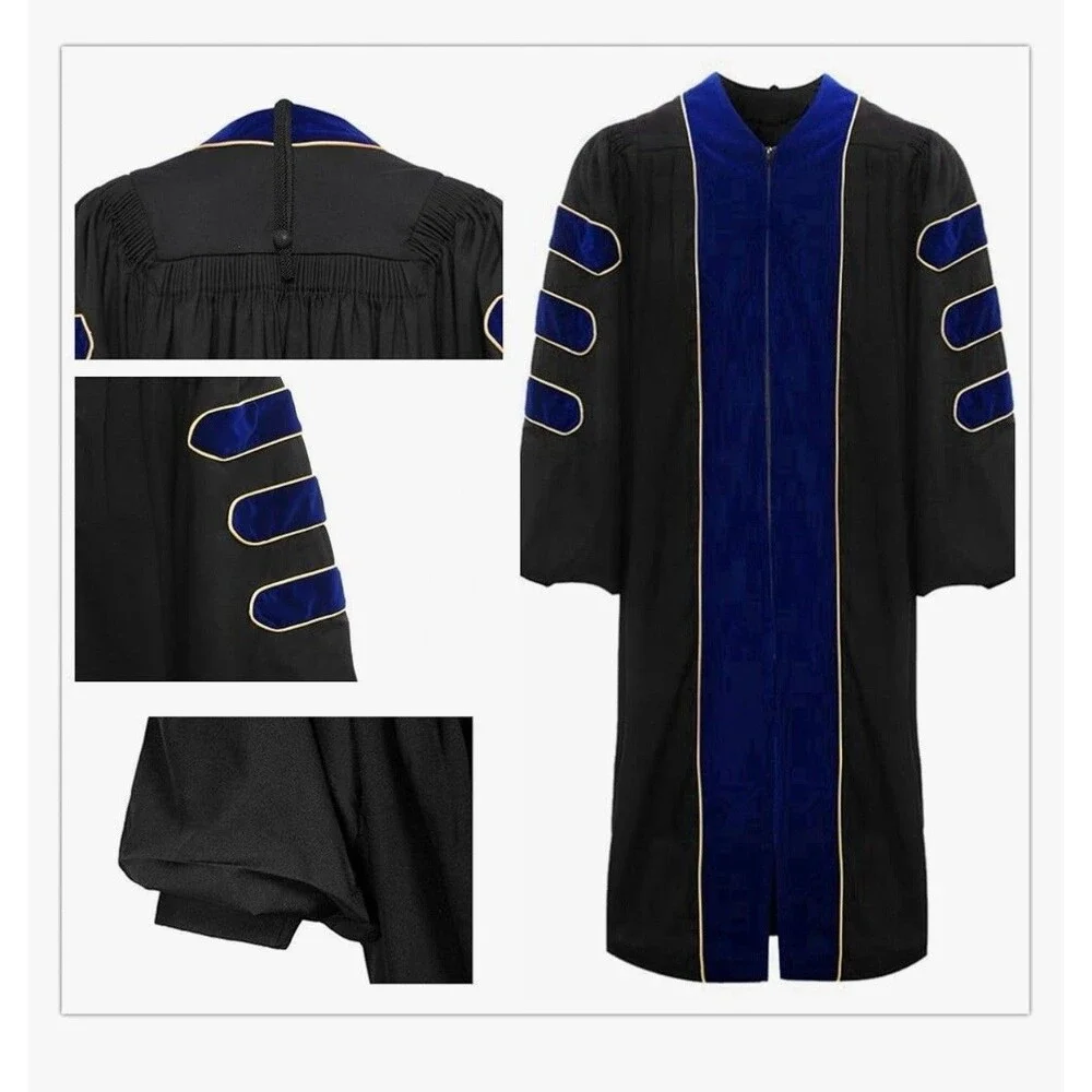 Deluxe Doctoral Graduation Gown Hood and Tam 6 Sided Package Royal blue Size 45 - Picture 2 of 6